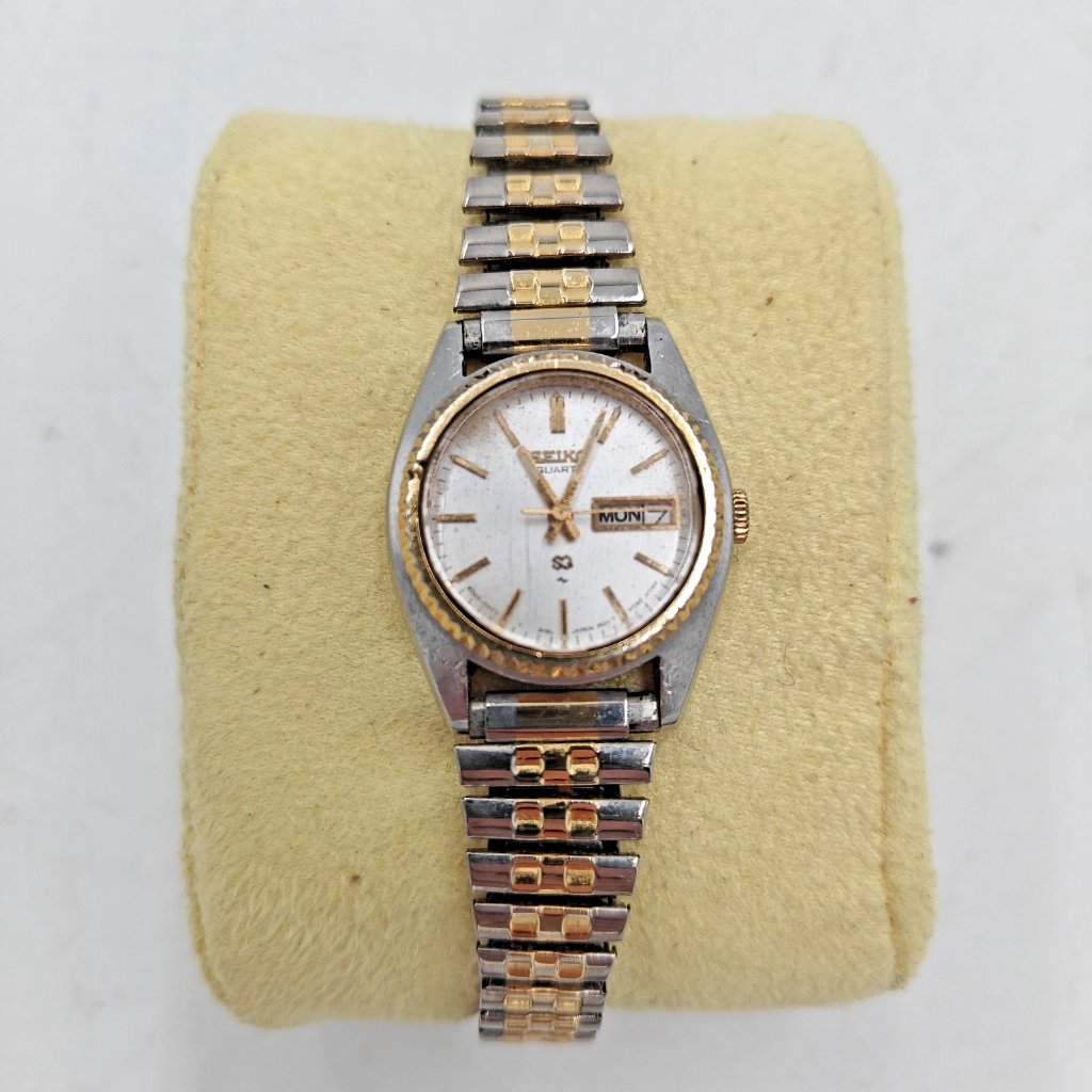 Vtg Seiko Sq Watch Women 25mm White Dial Two Tone Daydate Round 85230059 Newbat